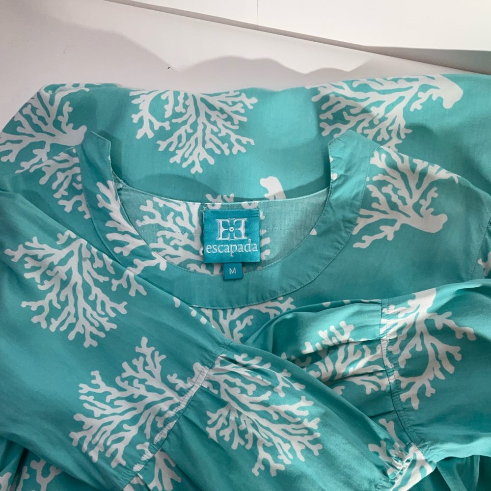 Escapada Swim Cover-Up Turquoise Blue White Coral Pattern Long Sleeve Size Med - Picture 3 of 16